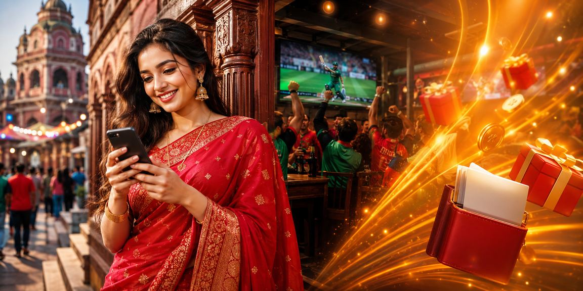 A Bangladeshi woman in a saree in Cumilla enjoying cricket betting on the tk1972 platform on her mobile phone